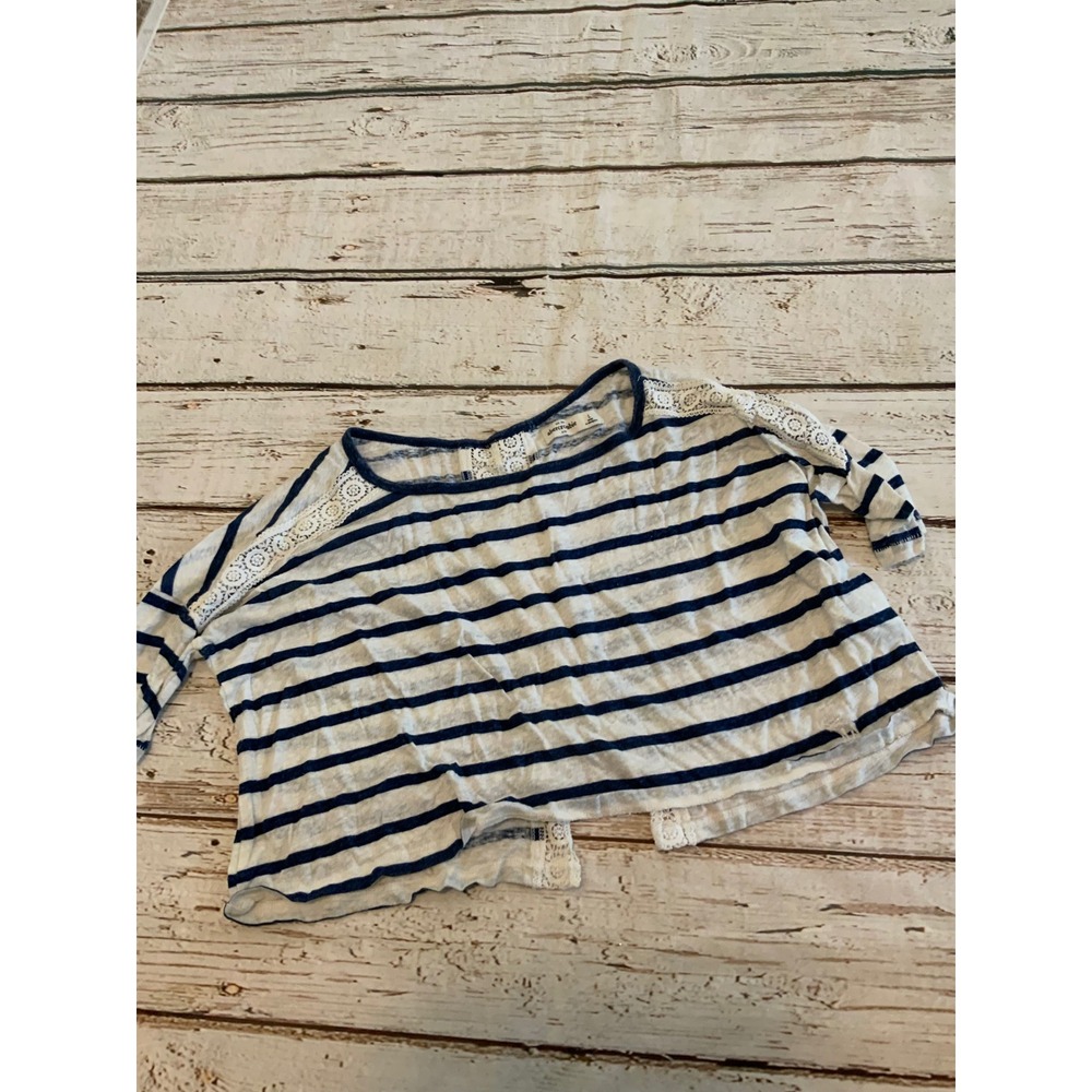 Abercrombie Kids Navy Blue White Striped Lace Back Short Sleeve Top Size Large